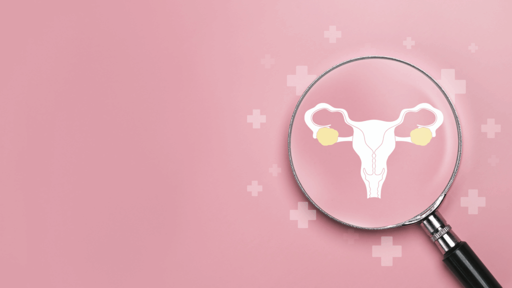Illustration of uterus with microscope and symbols representing uterine lining IVF health and implantation support